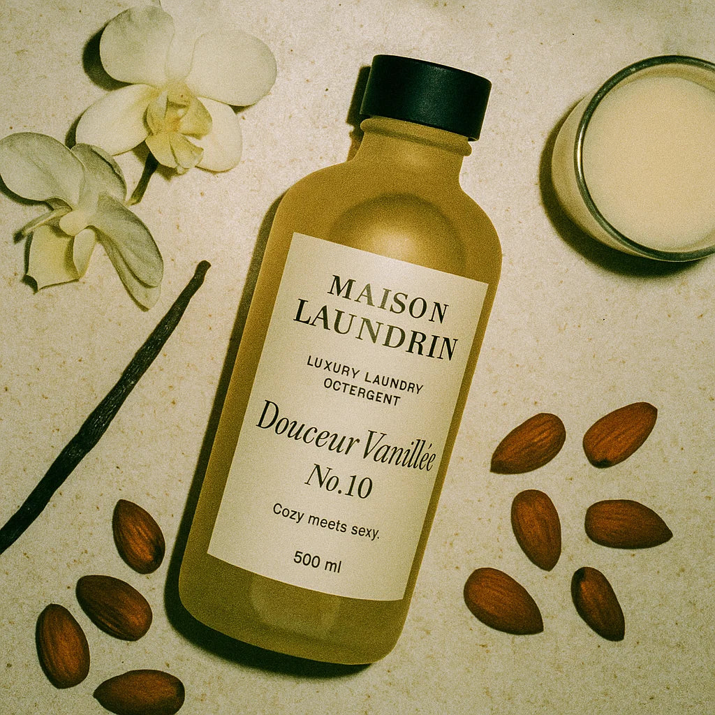 Douceur Vanillée laundry detergent flat lay with vanilla and cashmere scent notes