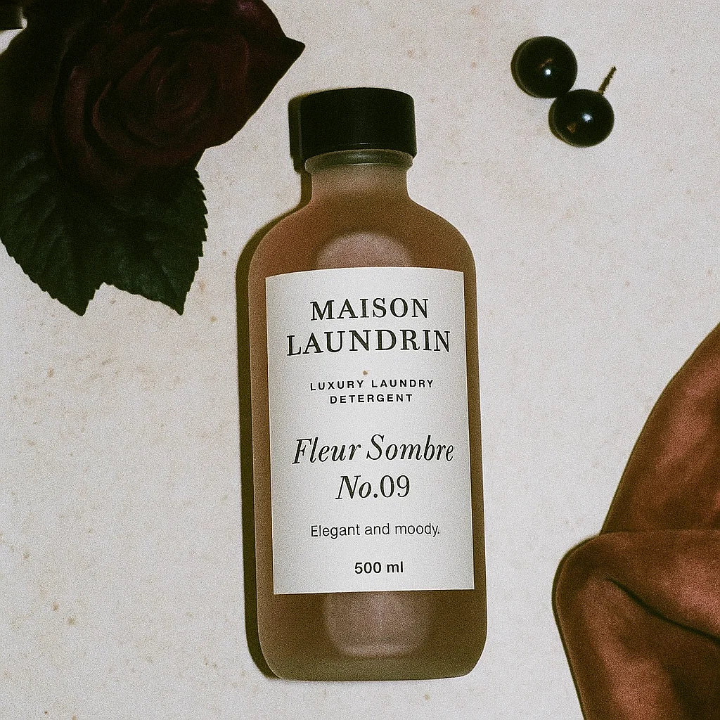 Fleur Sombre laundry detergent flat lay with dark rose and amber scent notes